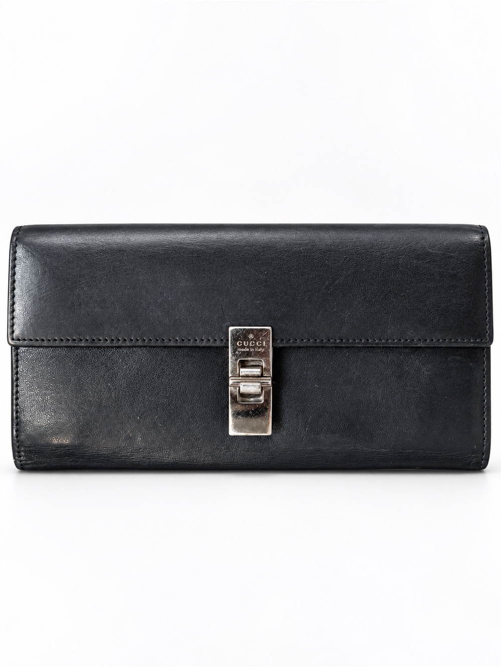 Gucci Black Leather Long Wallet with Silver-Tone Lock